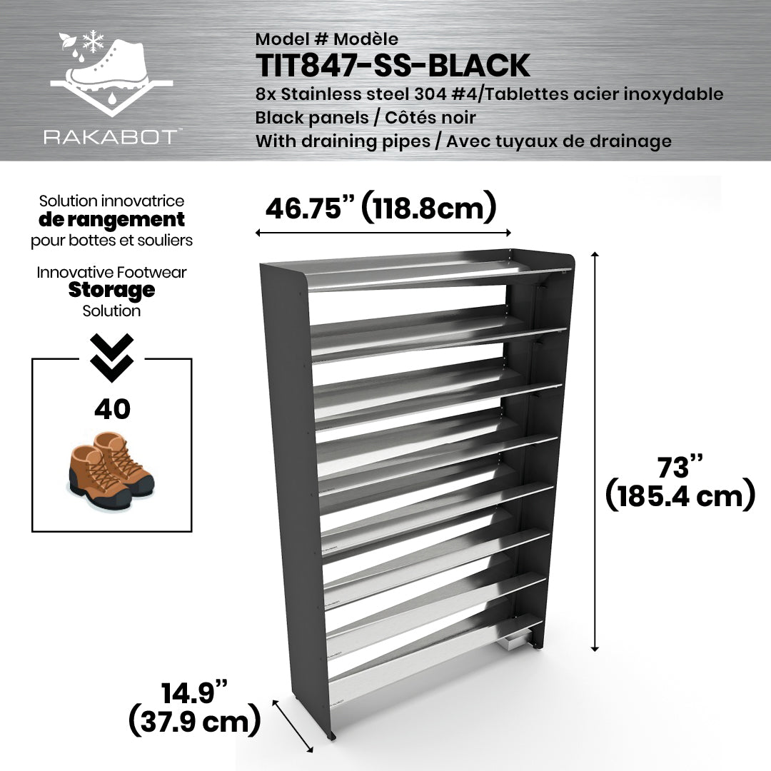 Boot Rack 47" wide - Rustproof Channeling Water Into Containers 2 to 8 Shelves Rakabot Titan