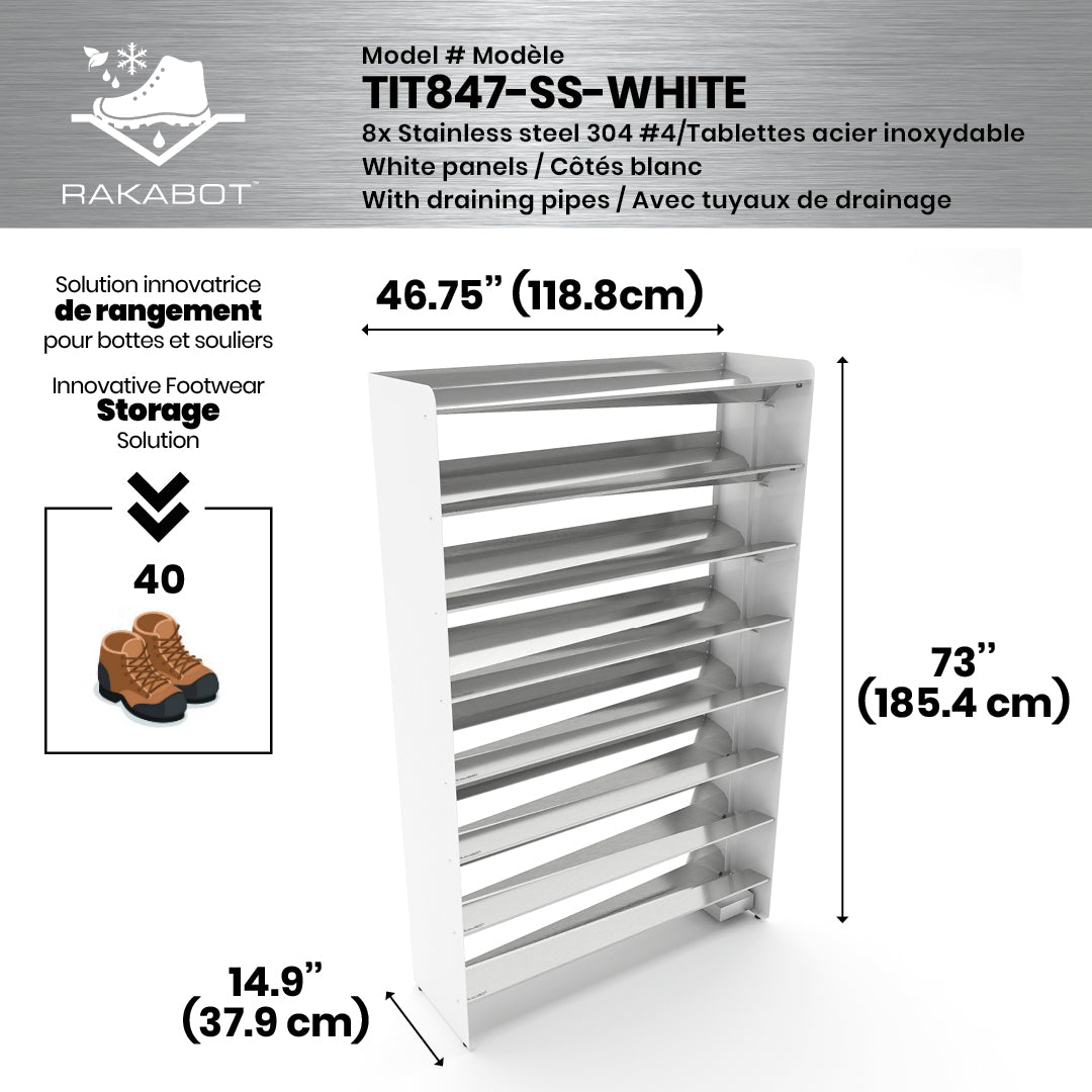 Boot Rack 47" wide - Rustproof Channeling Water Into Containers 2 to 8 Shelves Rakabot Titan