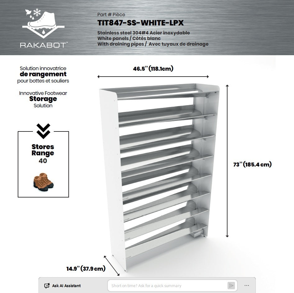 Boot Rack 47" wide - Rustproof Channeling Water Into Containers 2 to 8 Shelves Rakabot Titan